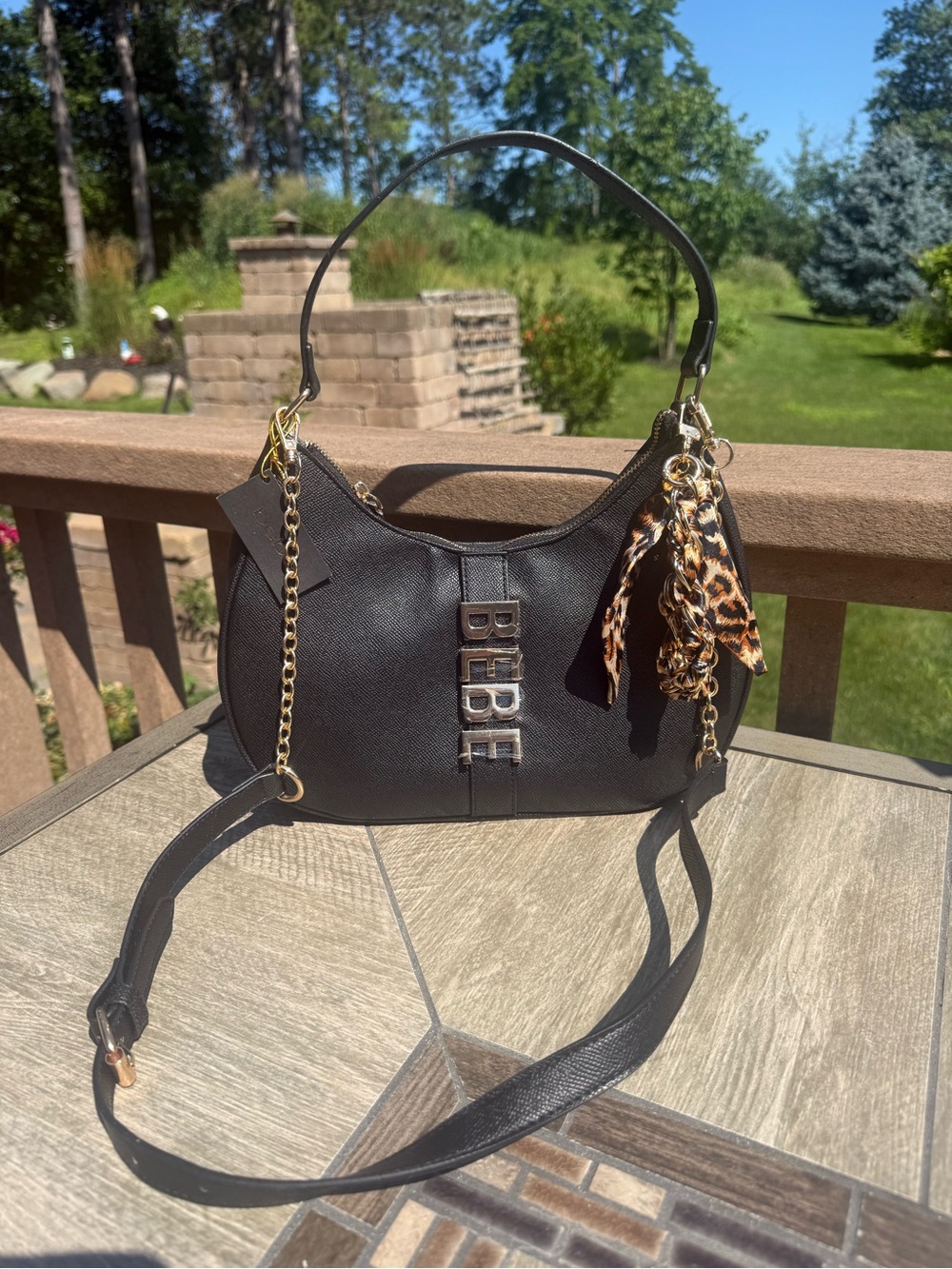 NWT BeBe Emmett Small Hobo Black Shoulder Crossbody Bag with Leopard Scarf